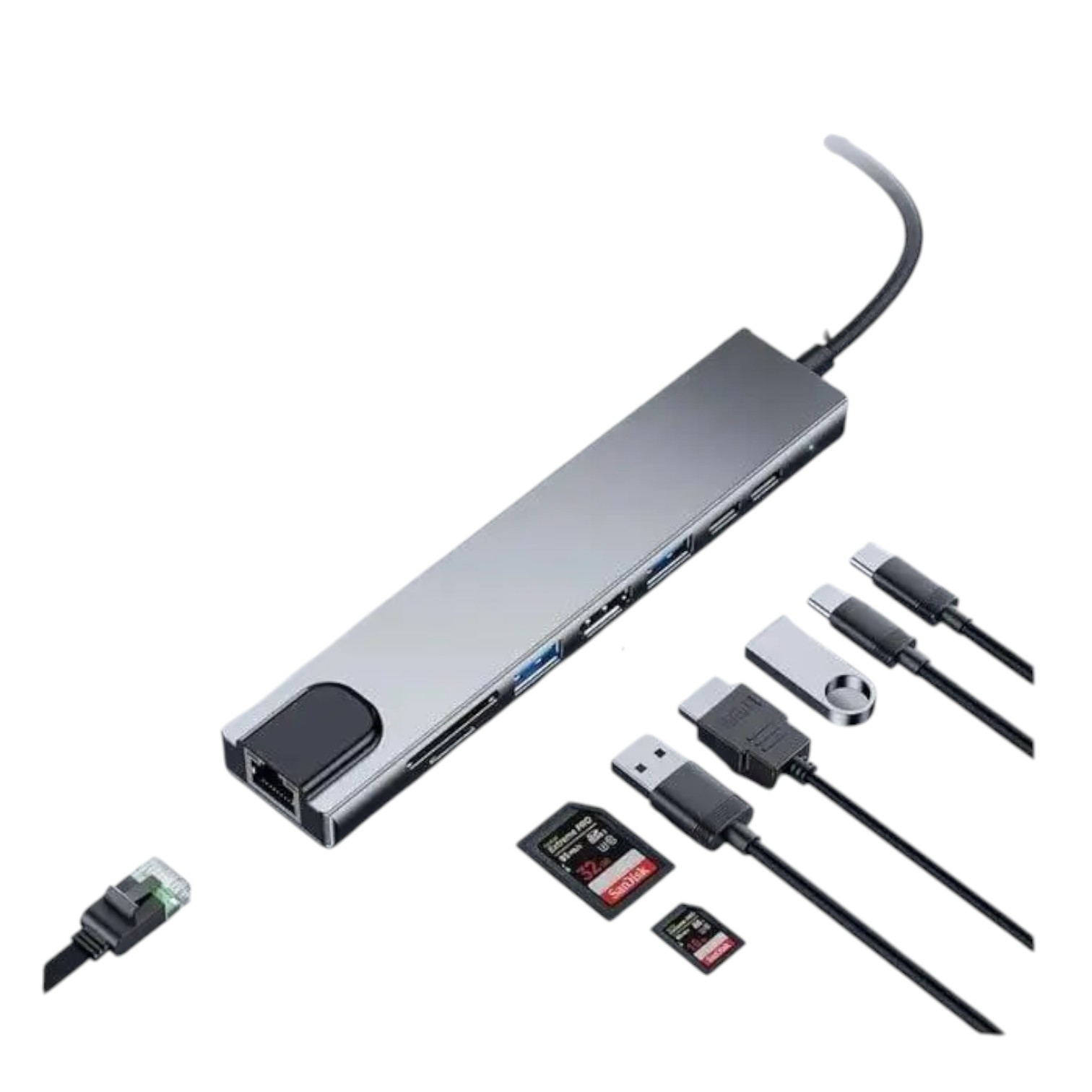 USB Type-C хаб 8 In 1 4k HdTV with Sd Tf Rj45 Card Reader Pd Fast Charge NEW 00-00014348